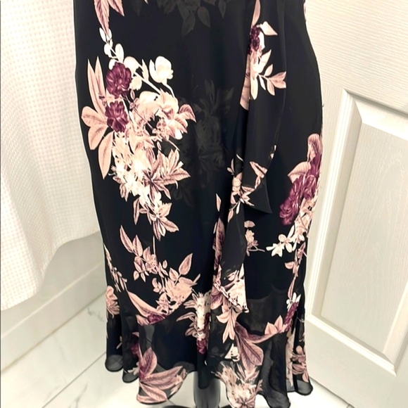 NWOT Black & Purple Floral Wrap Dress with High Low Ruffled Hem - Picture 4 of 17
